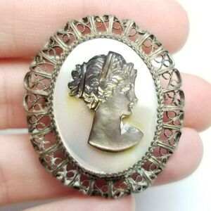 Vintage Cameo Brooch, 800 Grade Silver Filigree Frame, Mother of Pearl, Estate